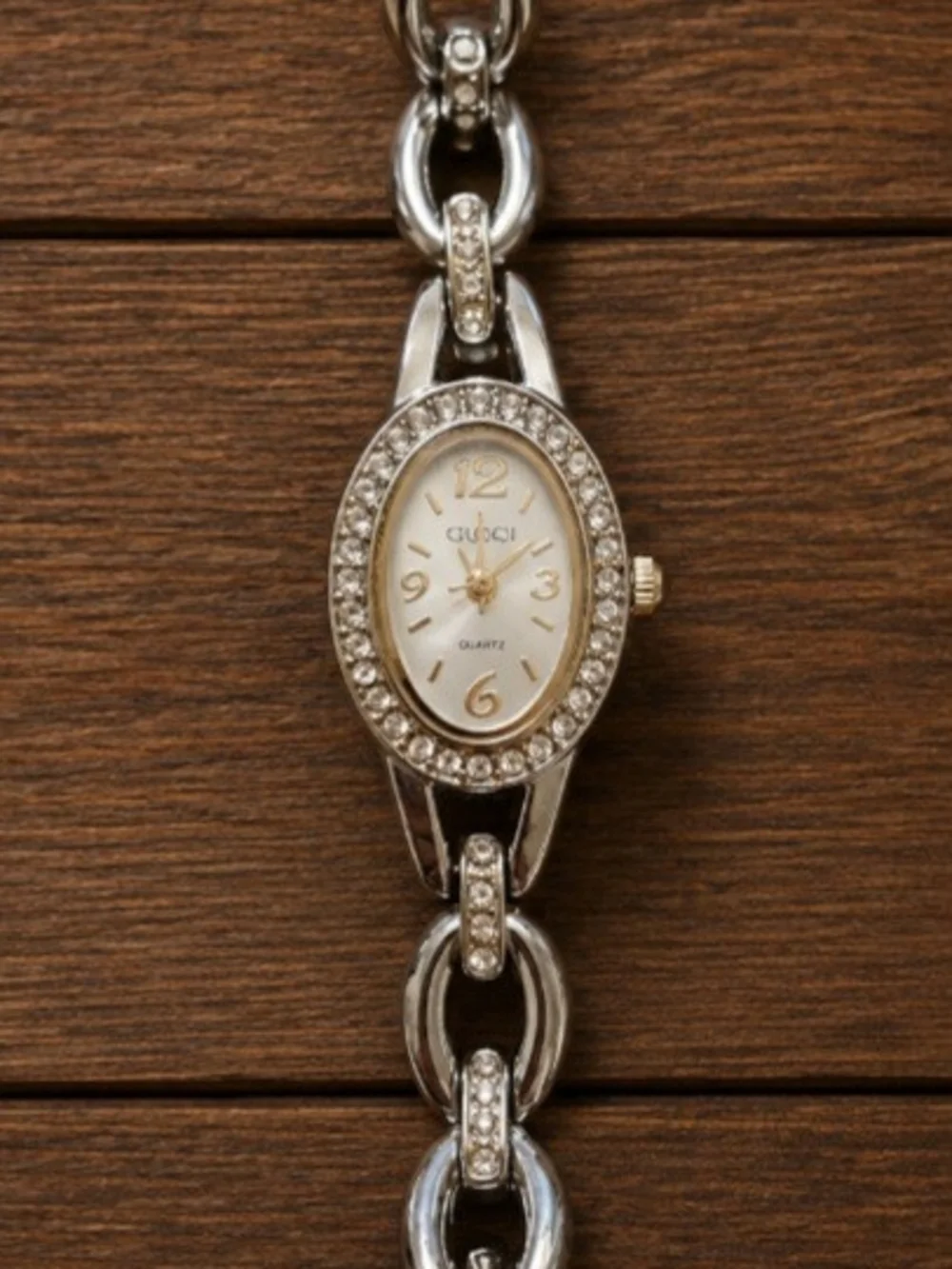 Silver Tone Rhinestone Oval Link Bracelet Watch